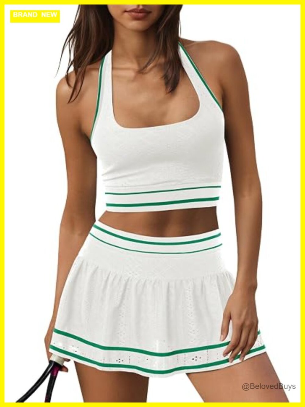 2 Piece Tennis Skirt Set Workout Outfit Halter Backless Sports Bra and Golf